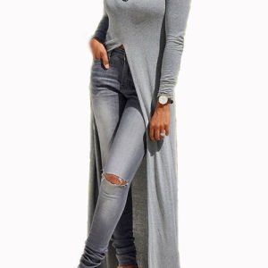 Grey Round Neck Long Sleeve Slit Hem Maxi Dress