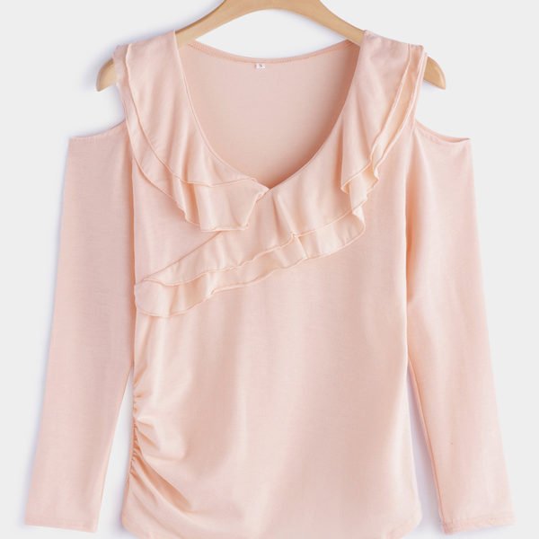 Pink Tiered Flounced Details Crossed Front Cold Shoulder Long Sleeves T-shirt 2