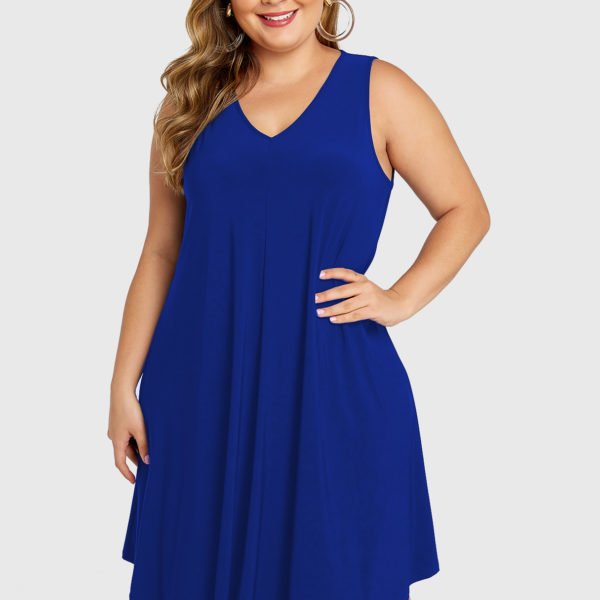YOINS Plus Size Blue V-neck Sleeveless Dress 2