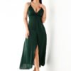YOINS Green Deep V Neck Sleeveless Split Design Dress 3