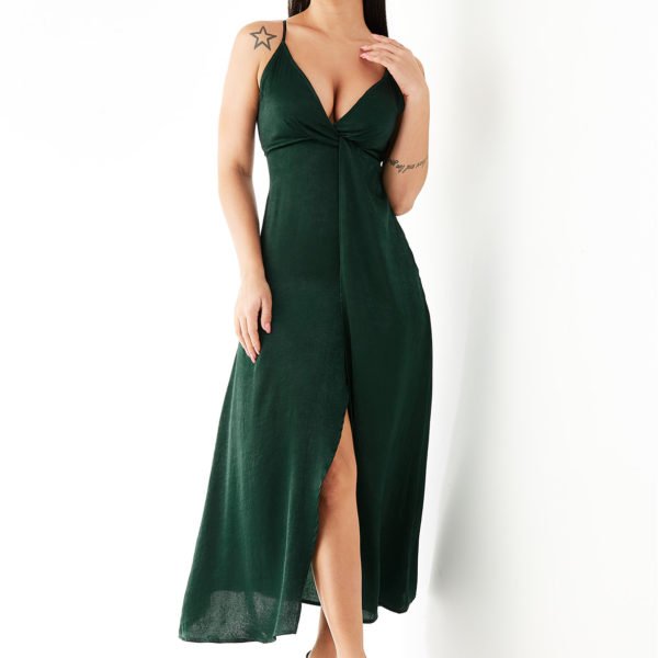 YOINS Green Deep V Neck Sleeveless Split Design Dress 2