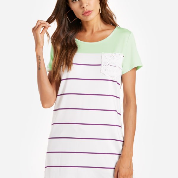 Stripe Pattern Stitching Short Sleeves T-shirts in Green 2