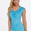 Sky Blue Pleated Design Lace Up Detail Scoop Neck Cap Sleeves T-shirts 3