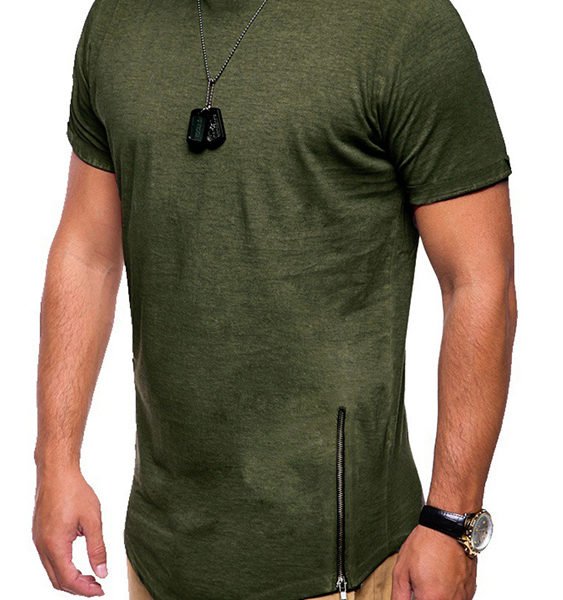 Men Summer Casual Plain Zip Design Round Neck T-Shirt 2