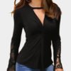 Black Lace Insert Twisted Knot Design V-neck Long Sleeves Top 3