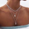 Silver Pink Crystal & Moon Pendant Muti-layer Necklace 3