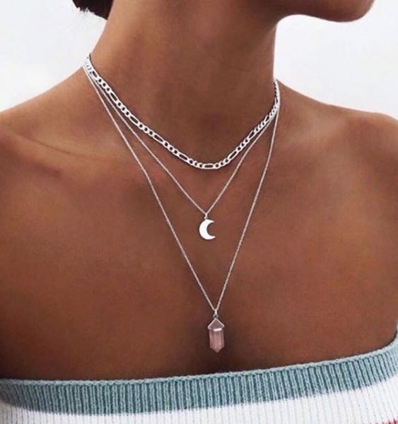 Silver Pink Crystal & Moon Pendant Muti-layer Necklace 2
