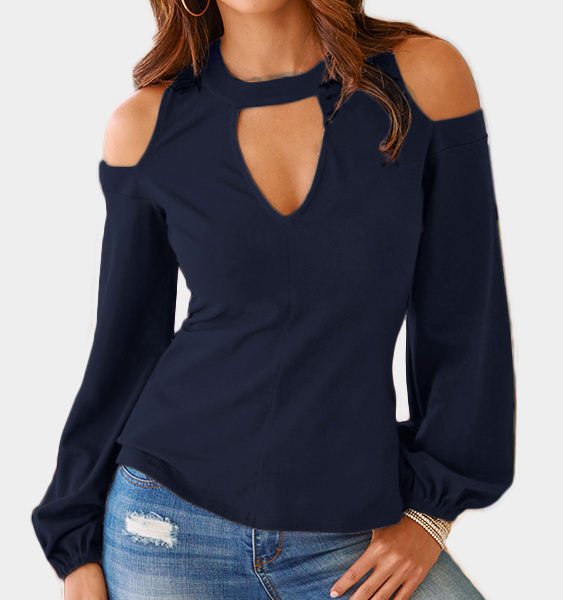 Navy Cut Out Cold Shoulder Long Sleeves Top 2