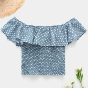 Blue Pleated Design Polka Dot Off The Shoulder Crop Top