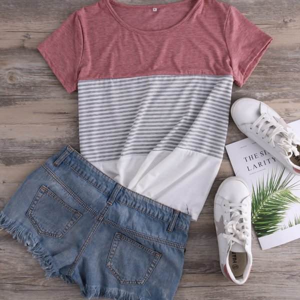 Red Color Block Stripe Round Neck Casual Tee 2