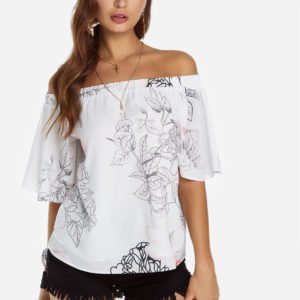 White Floral Print Off The Shoulder Blouse With Lining
