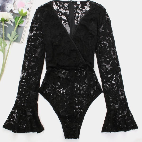 Black Lace Details Plain Deep V Neck Long Sleeves Bodysuits 2