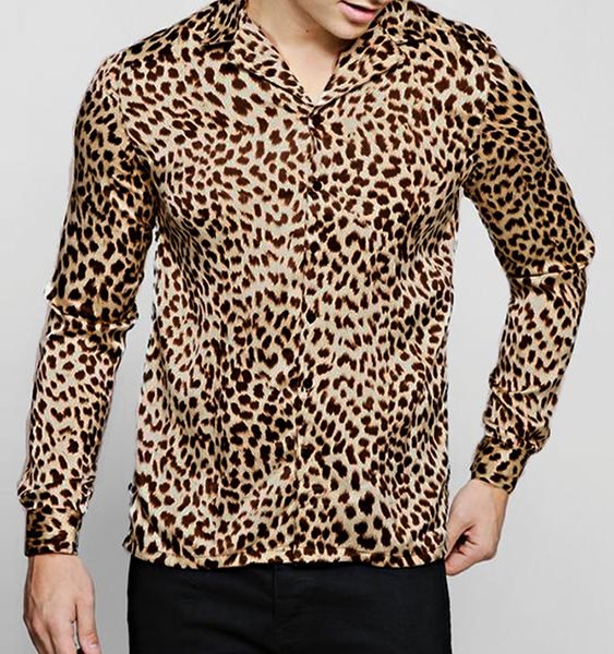 Men Casual Leopard Printed Sexy Slim Fit Long Sleeve Shirt 2