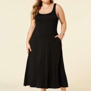 YOINS Plus Size Black Square Neck Backless Design Sleeveless Dress