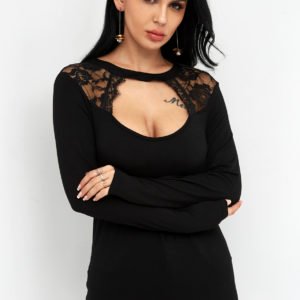 Black Lace Cut Out Crew Neck Long Sleeves T-shirt