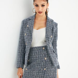 Blue Lapel Collar Button Design Tartan Blazer