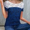 Casual Leopard Lace Insert Round Neck Short Sleeves Tee 3