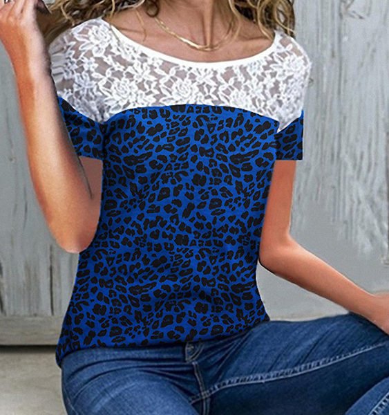 Casual Leopard Lace Insert Round Neck Short Sleeves Tee 2