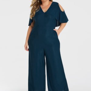 YOINS Plus Size Blue Ruffle Trim Cold Shoulder Overlay Jumpsuit
