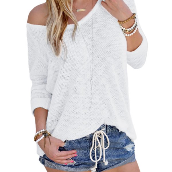 White Sexy V Neck Long Sleeves Knitted T-shirt 2