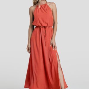 Orange Split Design Plain Halter Sleeveless Middle-Waisted Dress