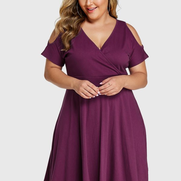 YOINS Plus Size Purple Wrap Design Cold Shoulder Dress 2