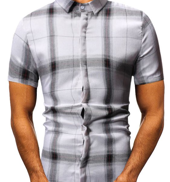 Men Black White Plaid Print Classic Collar Short Sleeve Shirts 2