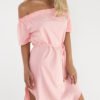 Pink Off The Shoulder Curved Hem Mini Dress with Waist belt 3