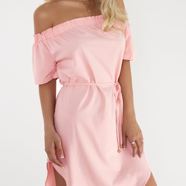 Pink Off The Shoulder Curved Hem Mini Dress with Waist belt 2