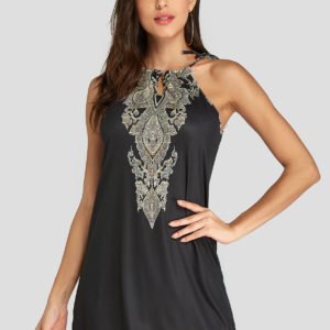 Black Halter Sleeveless Self-tie Design Vacation Dress