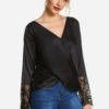 Black V-neck Wrap Cross Front Long Sleeved with Lace Cuffs Top 3