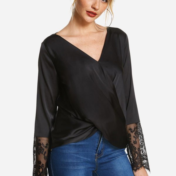 Black V-neck Wrap Cross Front Long Sleeved with Lace Cuffs Top 2