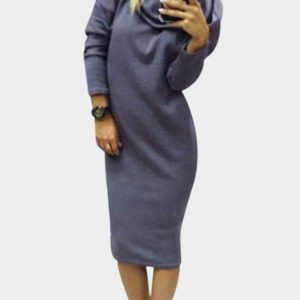 Grey Long Sleeves Hooded Midi Jumper Dress