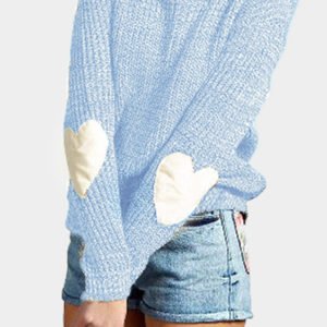 Sky Blue Round Neck Love Patchwork Sweater