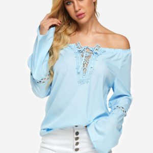 Blue Lace Details Plain Off Shoulder Lace Up Design Bell Long Sleeves Blouse