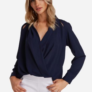 Navy Crossed Front Design V-neck Long Sleeves Shirt