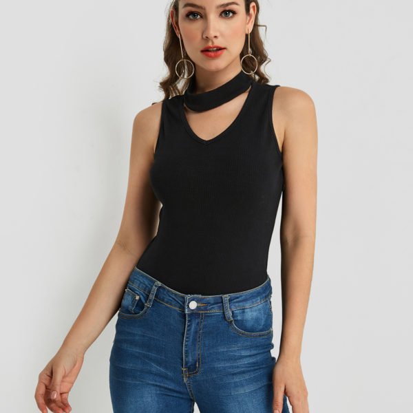Black Cut Out Stand Collar Tank Top 2