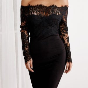 Black Lace Insert Plain Off Shoulder Long Sleeves Bodycon Hem Dress