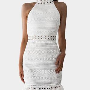 White Lace Cut Out Design High Neck Sleeveless Dress