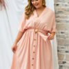 Plus Size Pink V-neck Belt Design Half Sleeves Dress 3