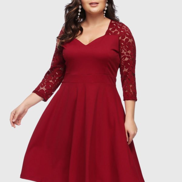 Plus Size Burgundy Lace V-neck Dress 2