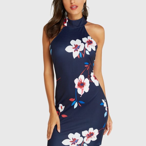 YOINS Navy Random Floral Print Halter Zip Back Dress 2