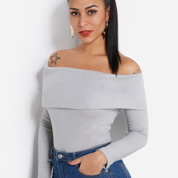 Grey Tiered Design Off The Shoulder Long Sleeves Top 2