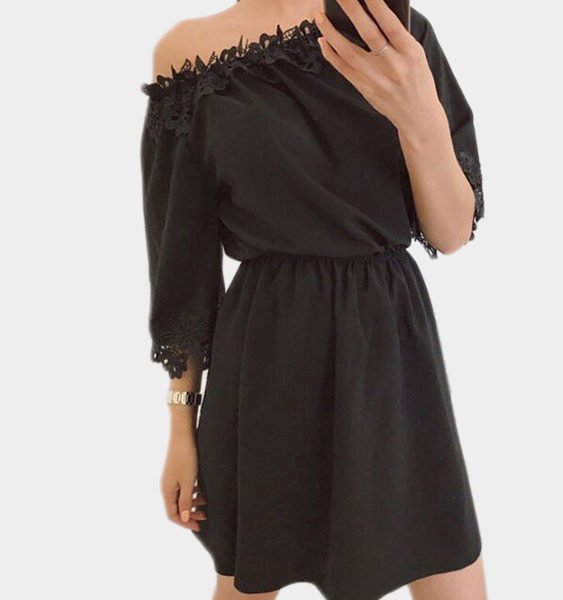 Black Off-the-shoulder Lace Trim Mini Dress 2