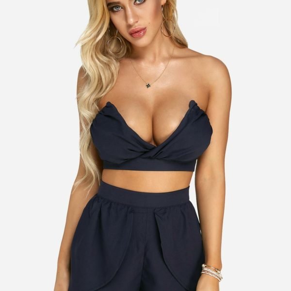 Dark Blue Sexy Cropped Top & High Waist Shorts Co-ord 2