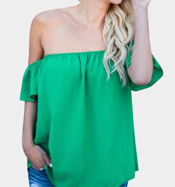 Green Sexy Off Shoulder Flared Sleeves Loose Fit Blouses 2