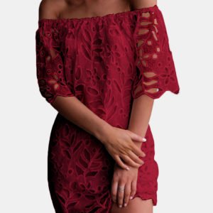 Burgundy Lace Details Off The Shoulder Half Sleeves Dress