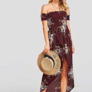 Burgundy Random Floral Print Off The Shoulder Maxi Dress
