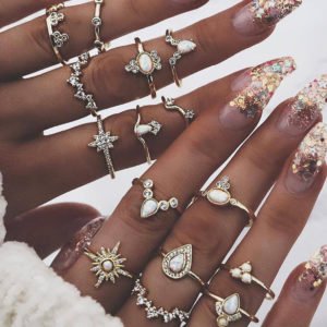 Bohemian Ancient Anemone Gold Sixteen-piece Hoop Ring Set