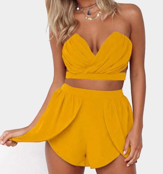 Yellow Sexy Cropped Top & High Waist Shorts Co-ord 2